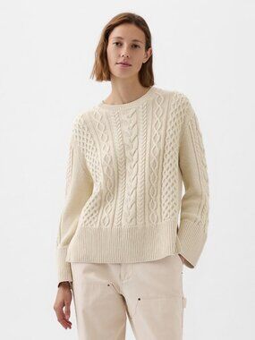 GAP  Cable Knit 100% Cotton Cream Sweater 24/7 Split-Hem Relaxed Fit XS Petite